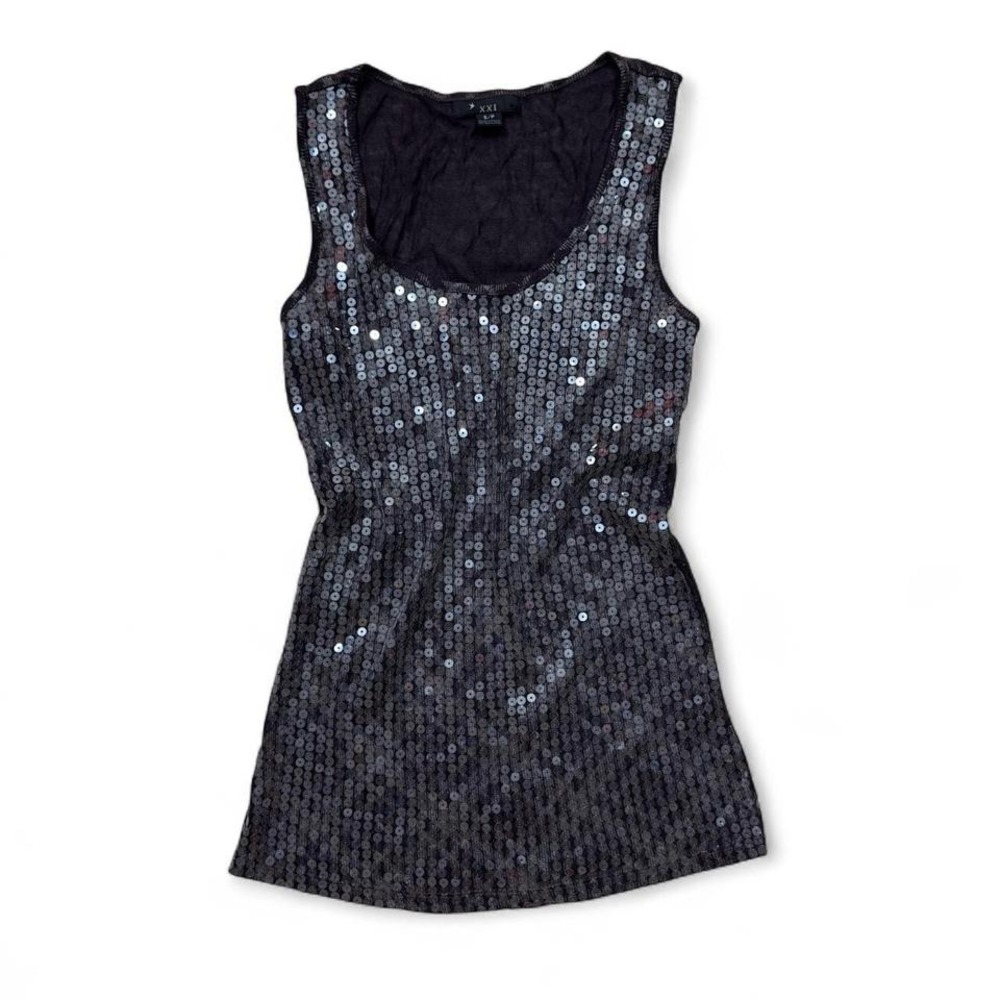Y2K XXI Forever 21 Sequin Black Grey Full Length Tank Top Plaid Women's S